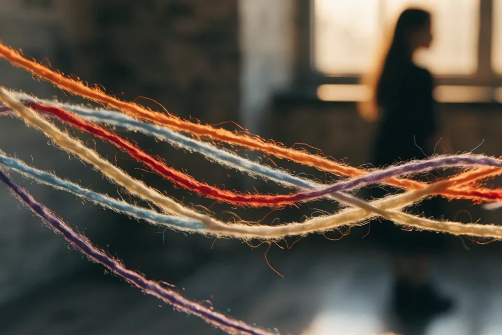 Des fils textiles colorés délicatement entrelacés inspirant une métaphore visuelle des liens humain