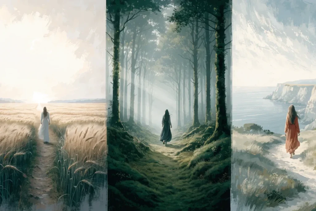 trois sentiers dans un paysage paisible, silhouettes féminines évoquant La Tresse