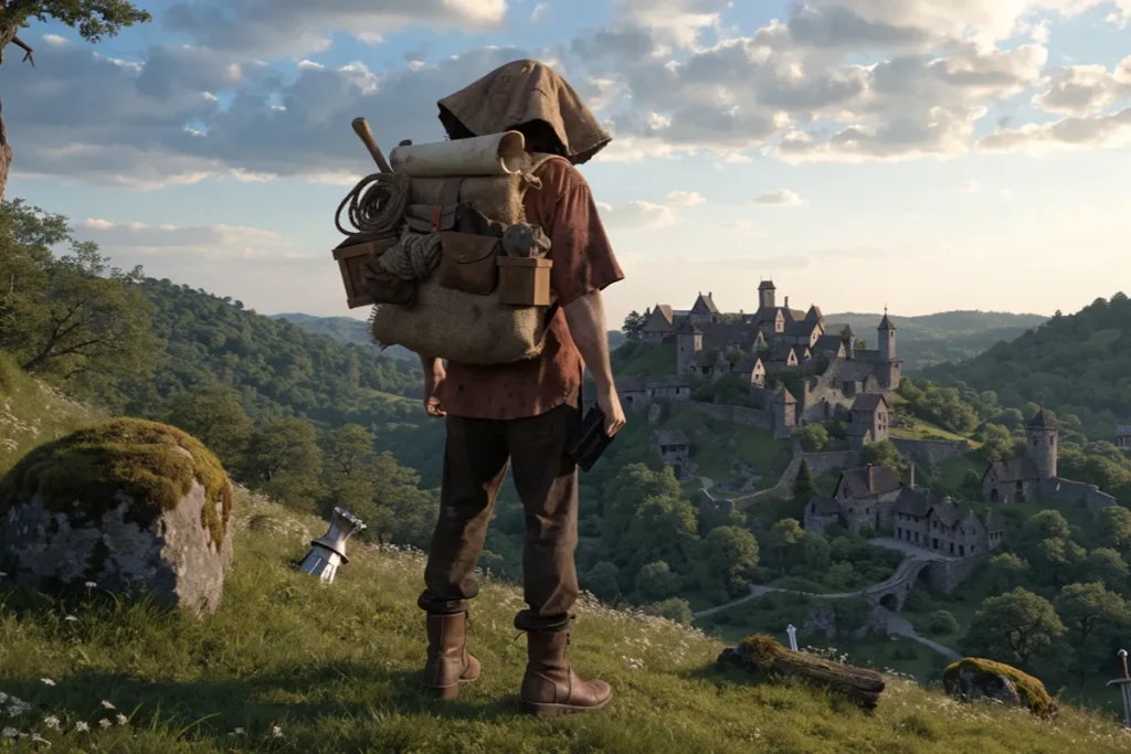 Aventurier découvrant un village médiéval fantastique au coucher du soleil évoquant Le Roi du Game