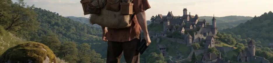 Aventurier découvrant un village médiéval fantastique au coucher du soleil évoquant Le Roi du Game
