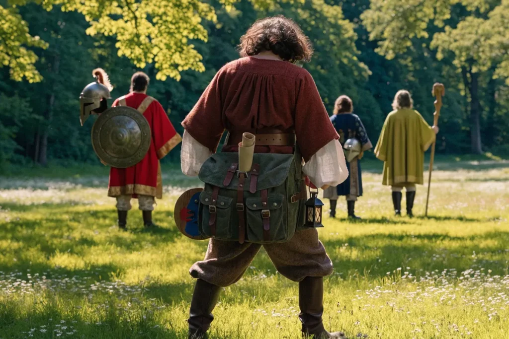 Aventurier découvrant un village médiéval fantastique au coucher du soleil évoquant Le Roi du Game