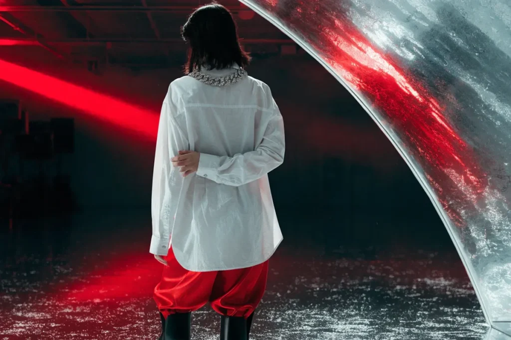 Une jeune femme dans une pièce sombre éclairée par des néons rouges évoquant PRESS PLAY de LISA