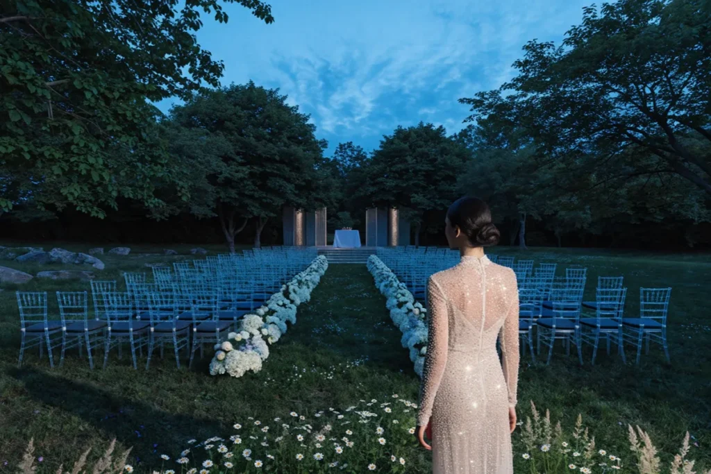 une invitée observant une allée de cérémonie de mariage dans l’ambiance du film Love Language