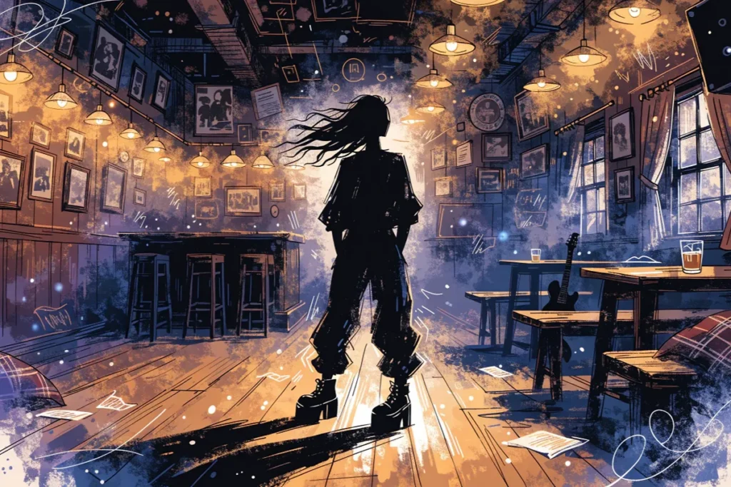 Illustration évoquant Lucie Sue City of Ghosts dans un pub rock écossais