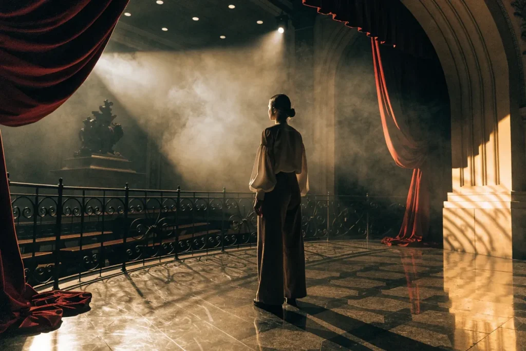 Jeune femme évoquant Malika devant une scène d'opéra