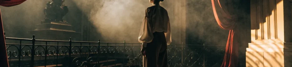 Jeune femme évoquant Malika devant une scène d'opéra