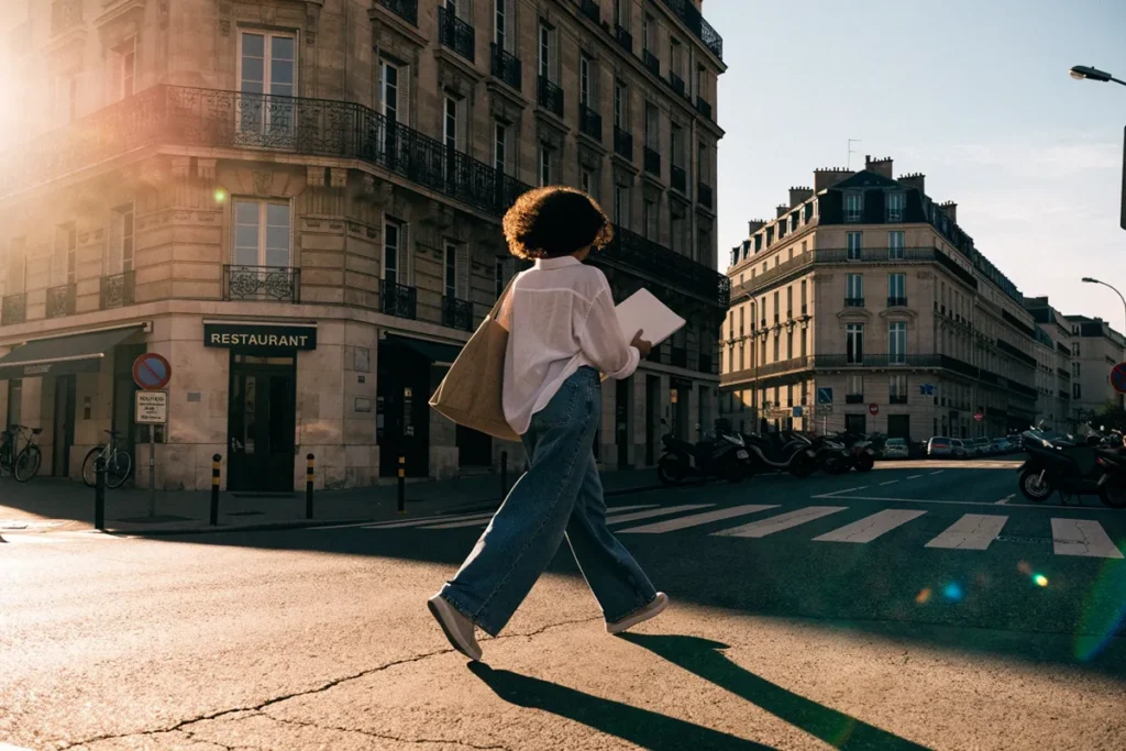 Une jeune artiste traversant une rue française lumineuse évoquant Malika