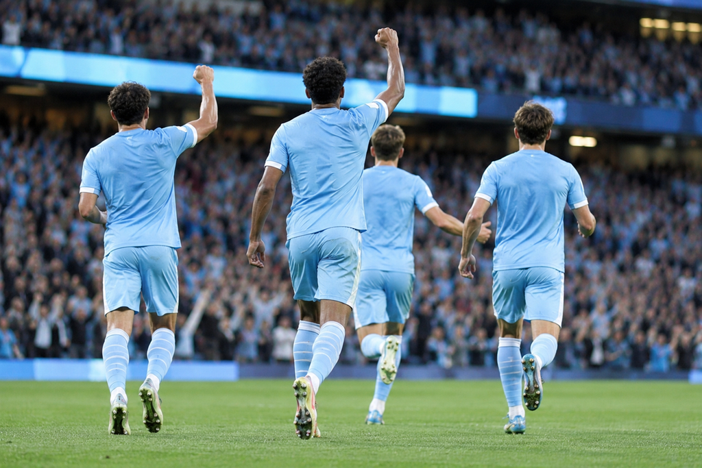 Joueurs de Manchester City qui célèbrent un but
