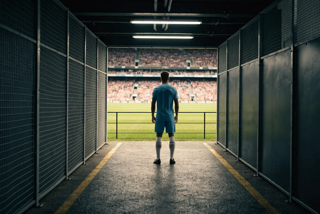 Joueur de football observant le terrain depuis les vestiaires tribune évoquant Phil Foden