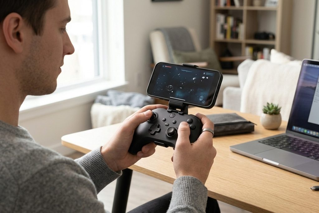 Un gamer qui utilise une manette compatible avec le mobile