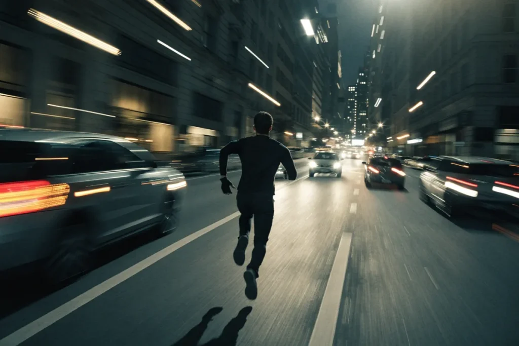 Héros vu de dos face à une route urbaine nocturne évoquant Matchbox - Le film