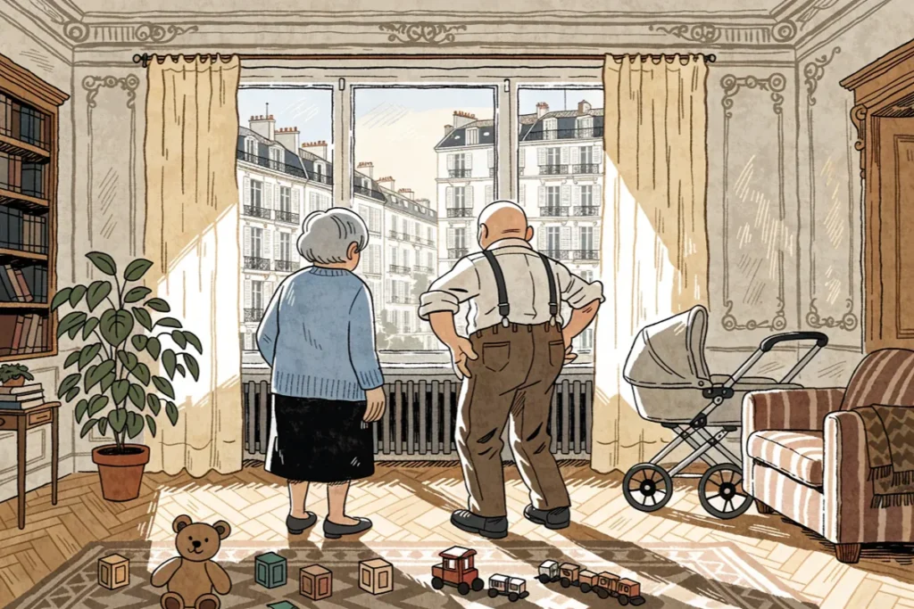 Un couple de retraités dans un salon avec une poussette évoquant Mes très chers petits-enfants
