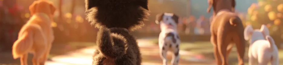 Chiens différents dans un parc évoquant Mochy et ses amis