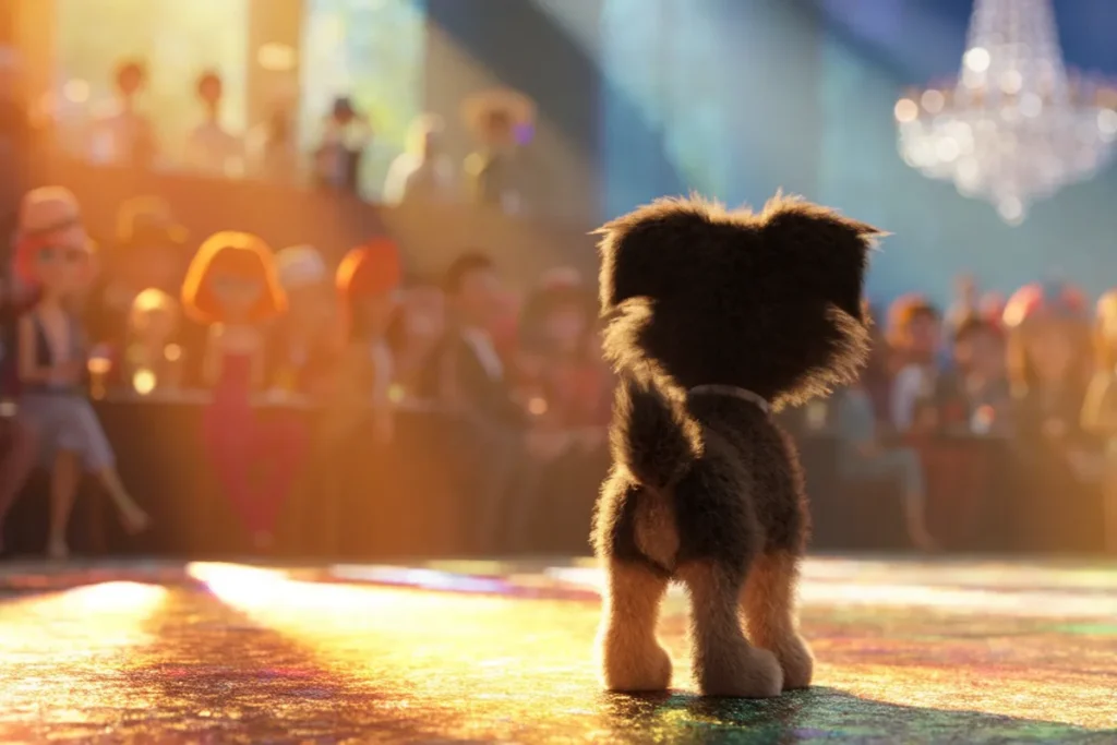 Petit chien évoquant Mochy devant une scène de concours canin animé