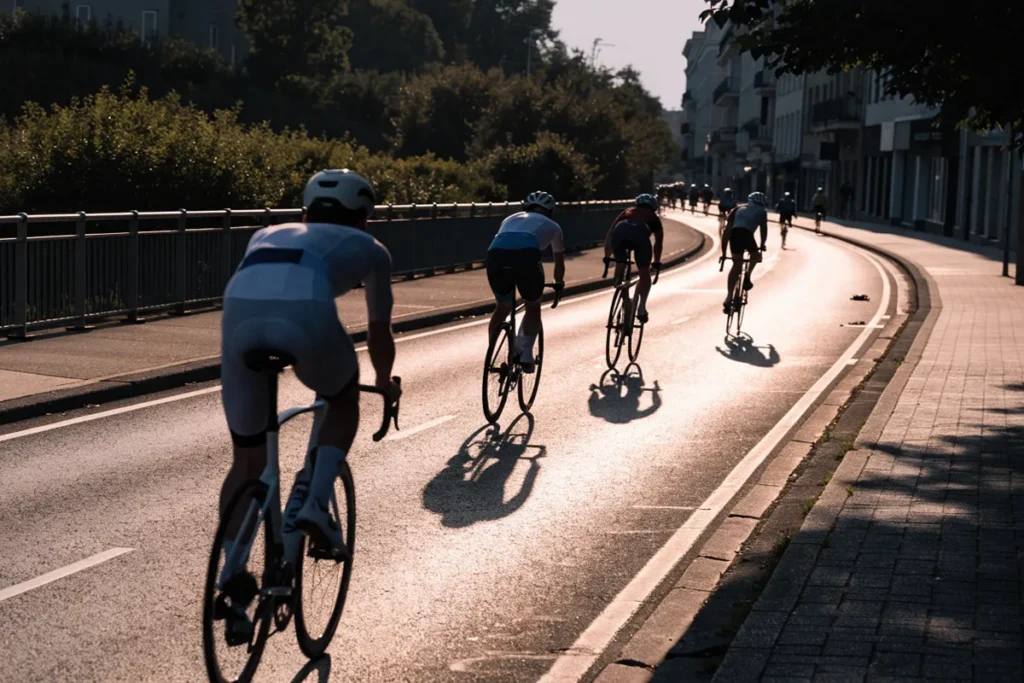 plusieurs cyclistes dans une portion urbaine du parcours des Mondiaux