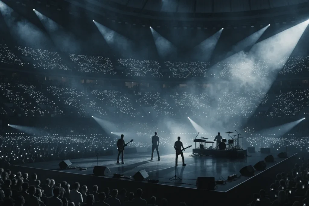 groupe de rock sur scène, ambiance de concert spectaculaire rappelant Muse