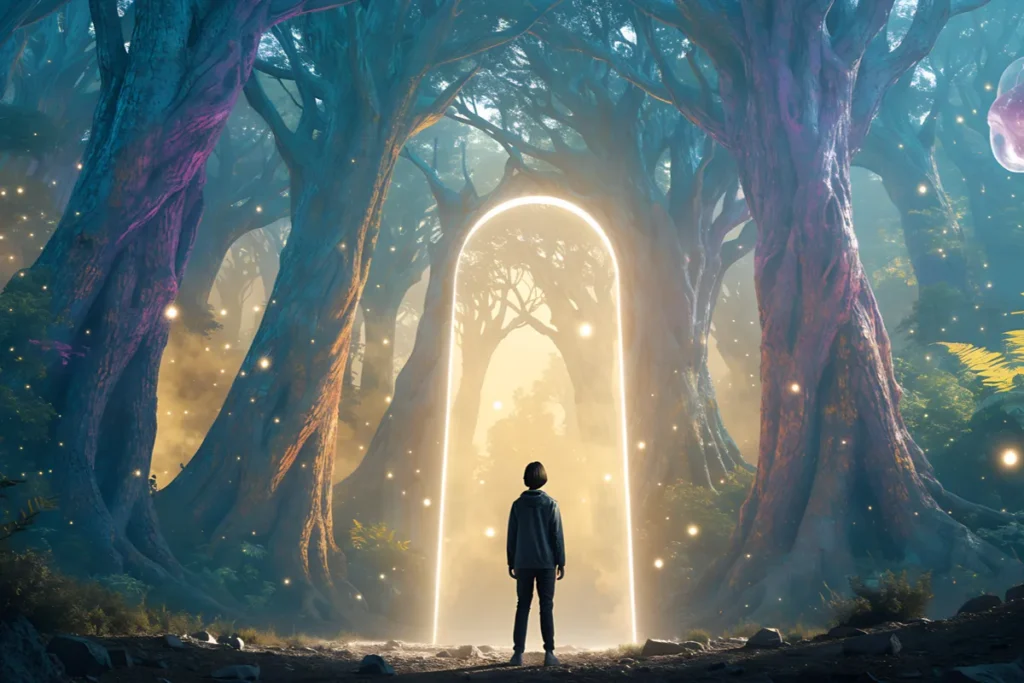 Un sentier lumineux s’enfonçant dans une forêt enchantée, avec une silhouette de dos au loin évoquant les origines de Narnia