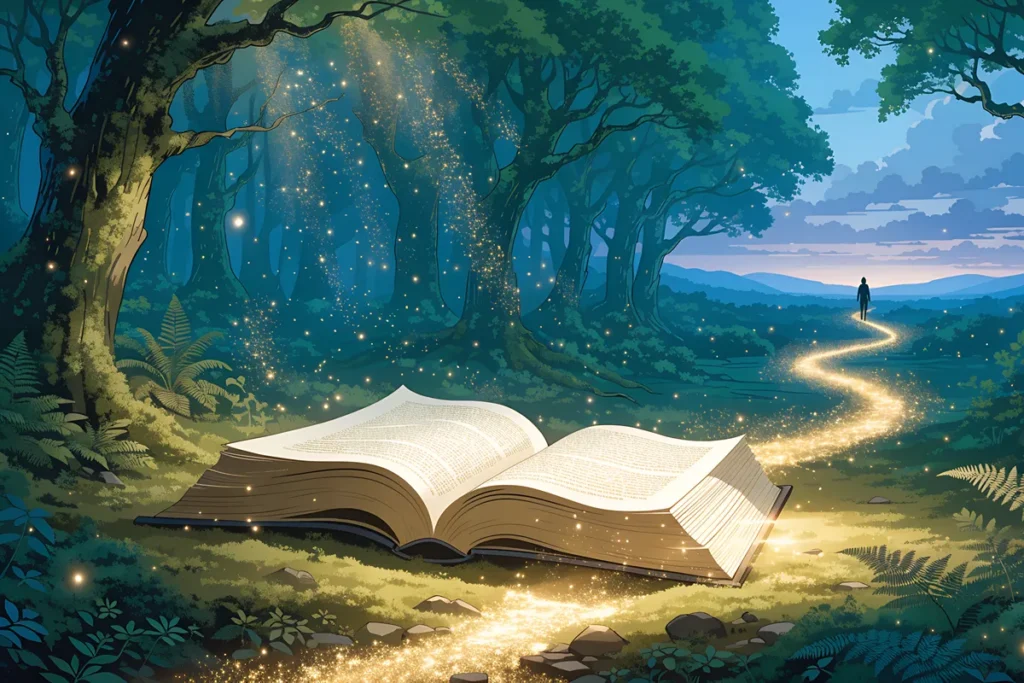 Un visiteur face à un portail lumineux menant vers une forêt fantastique évoquant le voyage fantastique de Narnia