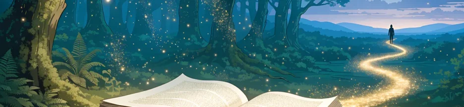 Un visiteur face à un portail lumineux menant vers une forêt fantastique évoquant le voyage fantastique de Narnia