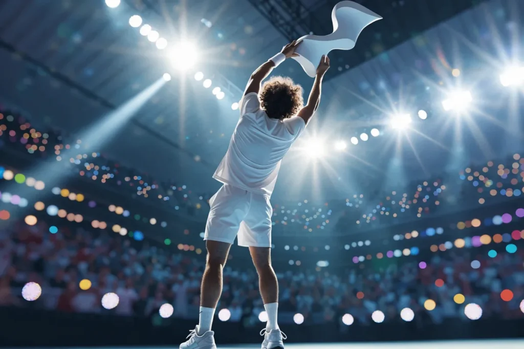 Un joueur de tennis vu de dos soulève un trophée dans un stade chinois évoquant Novak Djokovic