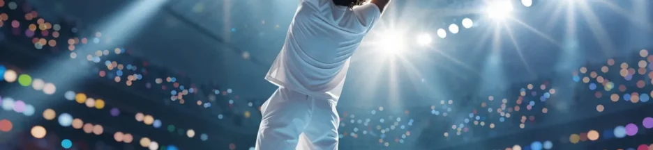 Un joueur de tennis vu de dos soulève un trophée dans un stade chinois évoquant Novak Djokovic