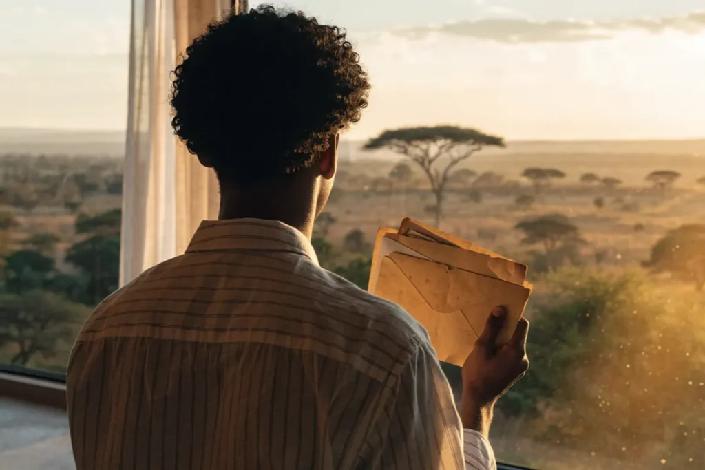 Un jeune homme tenant des documents, en écho au documentaire Papa où t’es ?