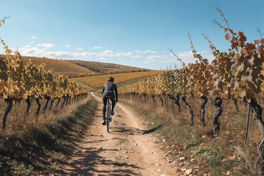 Un cycliste fictif traverse les vignes dans la lumière automnale évoquant le Paris-Tours 2026