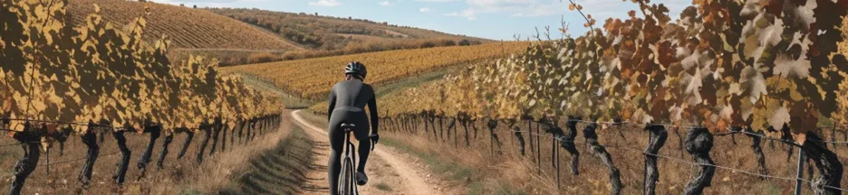 Un cycliste fictif traverse les vignes dans la lumière automnale évoquant le Paris-Tours 2026