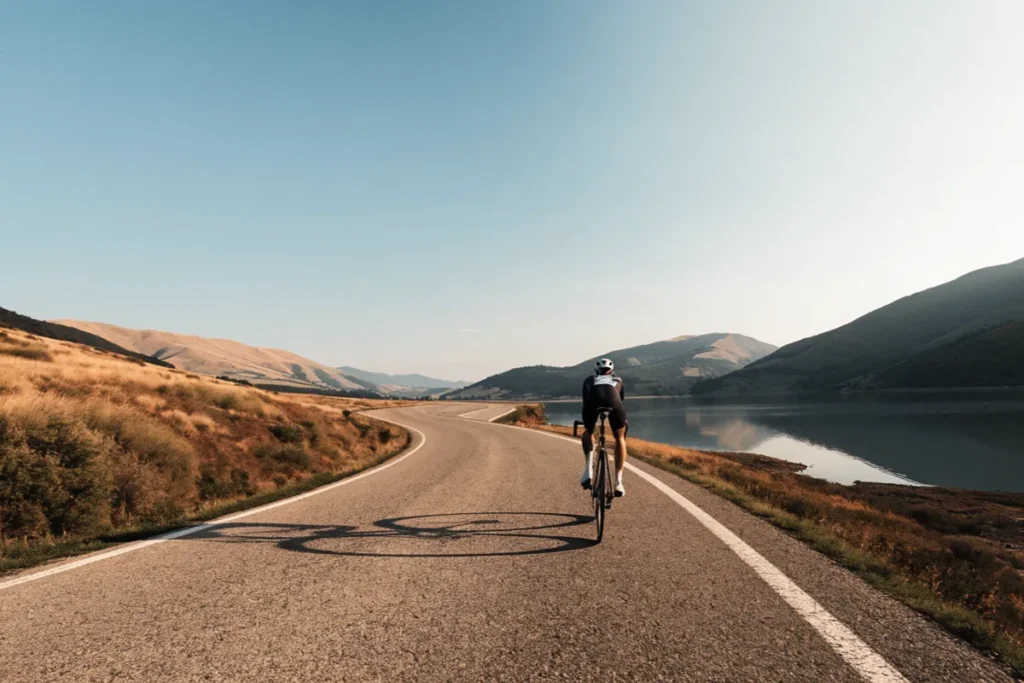 Cycliste fictif longeant un lac italien en fin de journée, image évoquant la victoire de Paul Seixas en Lombardie