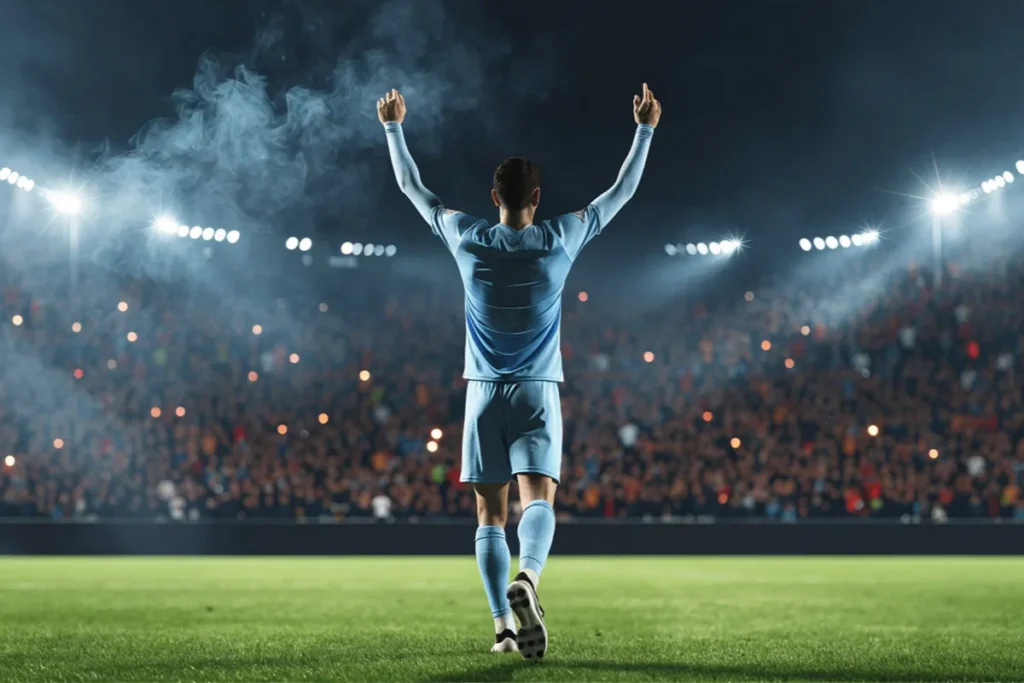 Un footballeur en tenue bleu ciel célèbre un but devant une tribune évoquant Phil Foden