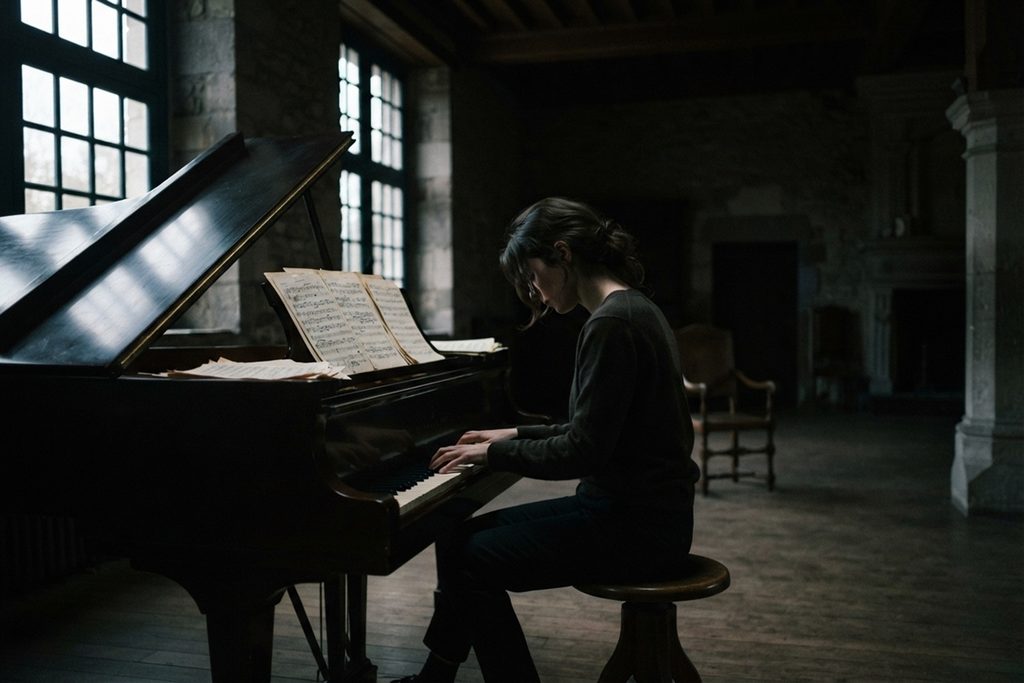 Pianiste seule dans une grande pièce sombre