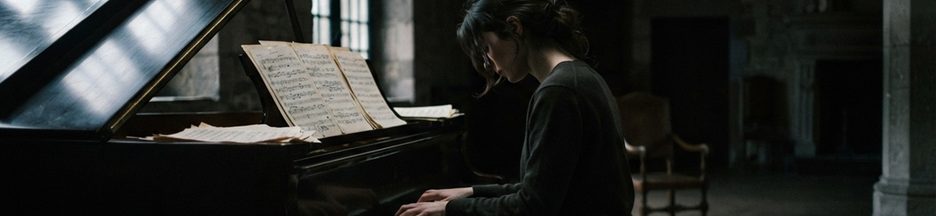Pianiste seule dans une grande pièce sombre