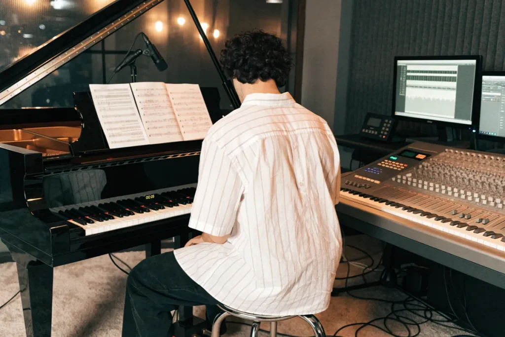 artiste dans un studio musical moderne, évoquant Pierre de Maere