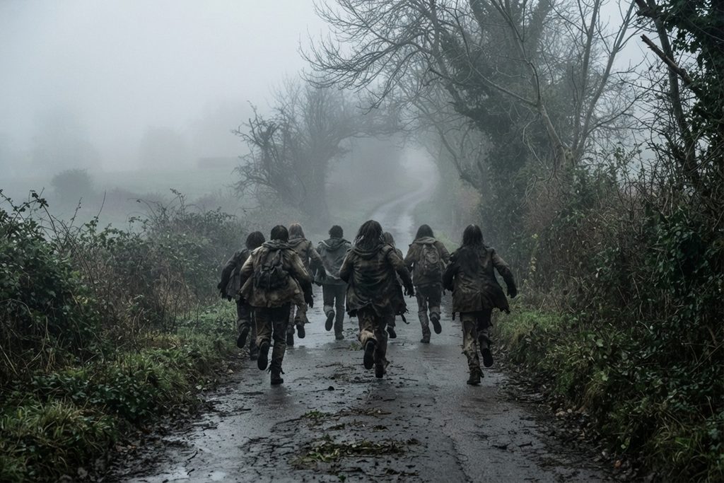 Plusieurs zombies courant sur une route déserte