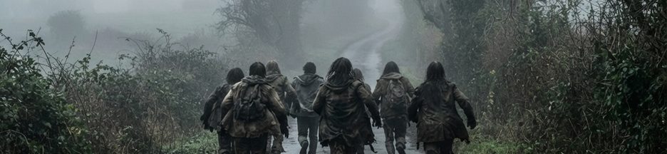 Plusieurs zombies courant sur une route déserte