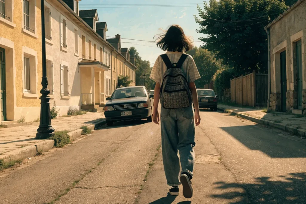 Une adolescente observant une rue résidentielle rappelant le film Quelques mots d’amour au cinéma