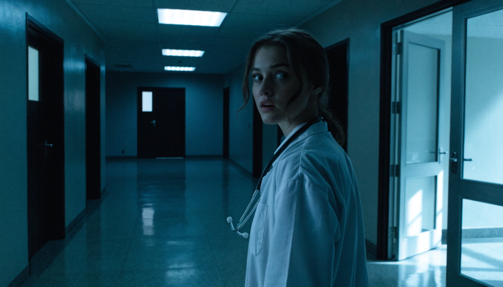 Illustration d’une jeune médecin dans un couloir d’hôpital sombre, évoquant l’atmosphère du film Sanguine