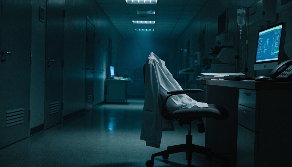 Poste de travail hospitalier de nuit illustrant la pression professionnelle évoquée dans Sanguine