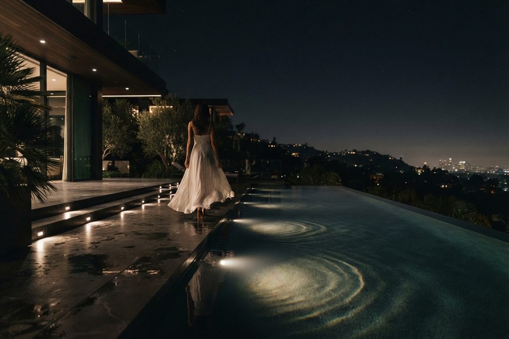 Silhouette féminine avançant seule au bord d’une piscine luxueuse