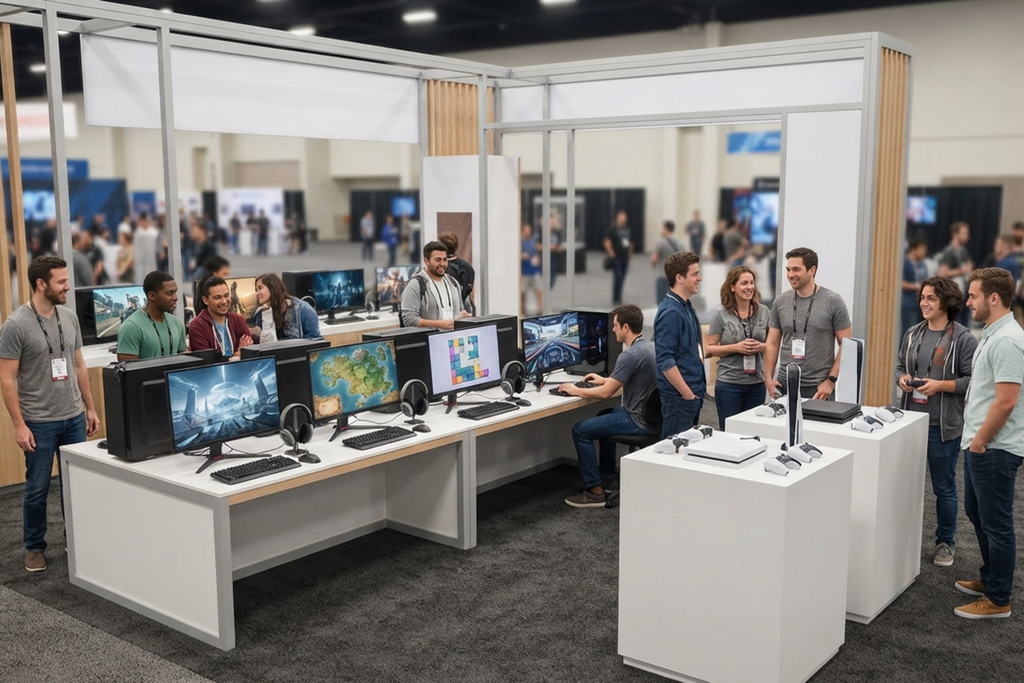 Un stand de présentation de jeux vidéo