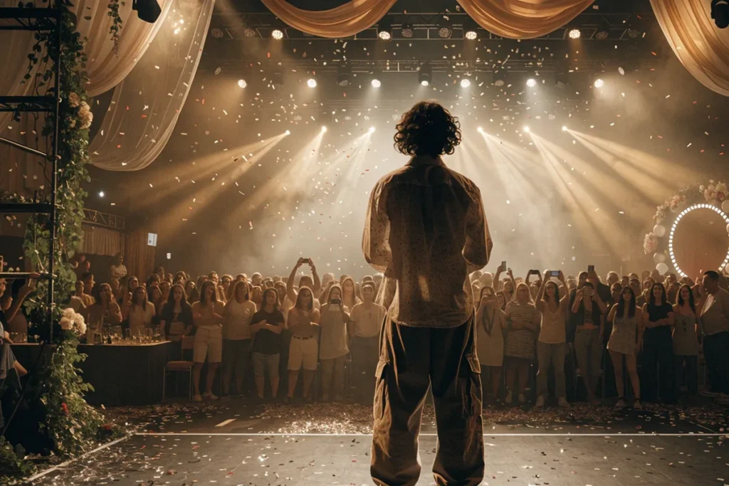 Silhouette de chanteur de dos sur une scène entourée de lumières dorées rappelant la Star Academy