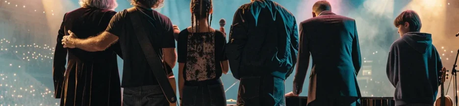 Des silhouettes représentant différentes générations d’artistes rappelant la Star Academy