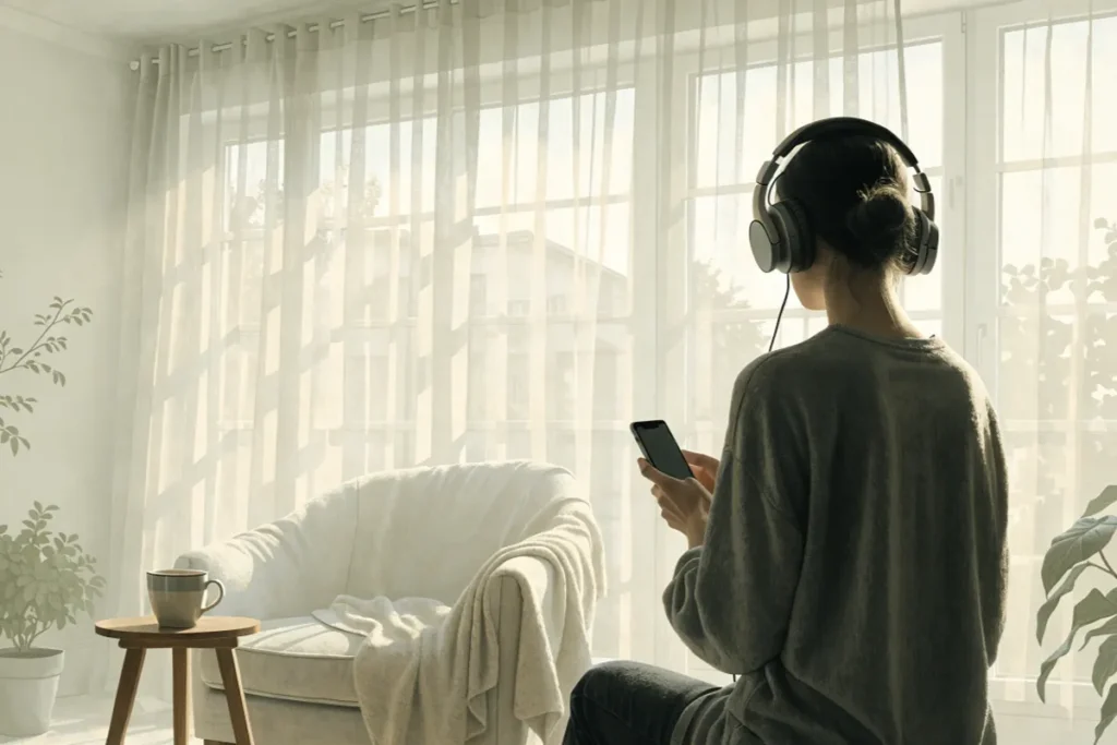 Une auditrice écoute de la musique sur son téléphone dans un intérieur lumineux