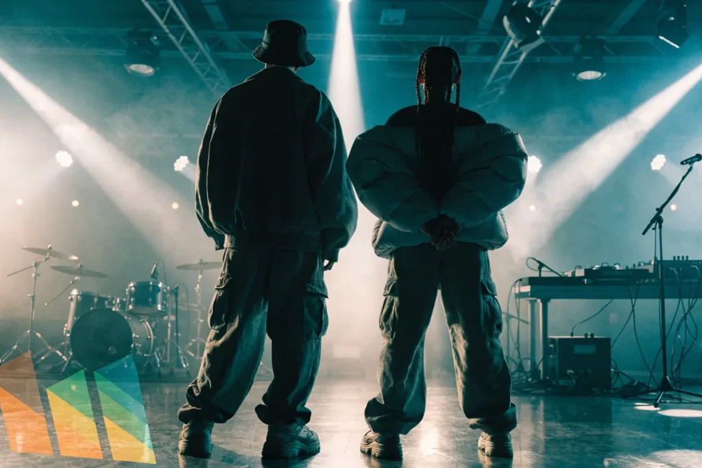 Deux silhouettes dans un univers musical et cinématographique évoquant la chanson Game Over