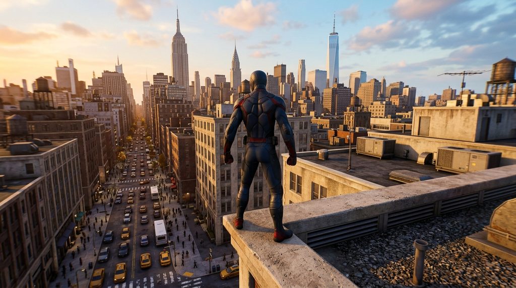 Un super-héros qui se tient sur un immeuble de New York