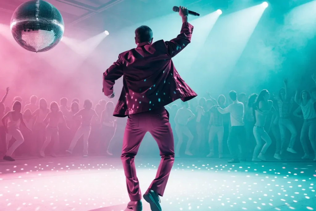 Un chanteur sur une scène pop évoquant Take That dans une ambiance disco