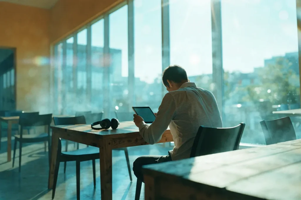 Un auditeur dans un café évoquant une personne regardant Take That sur une tablette