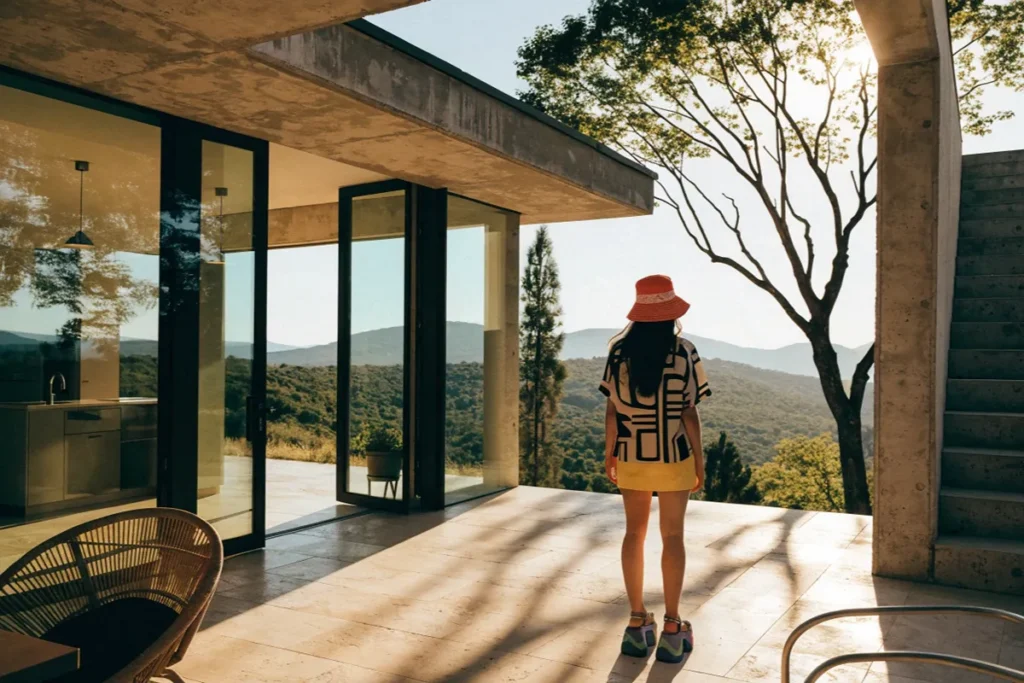 Villa ensoleillée évoquant le nouvel univers pop de Housewife de Tate McRae