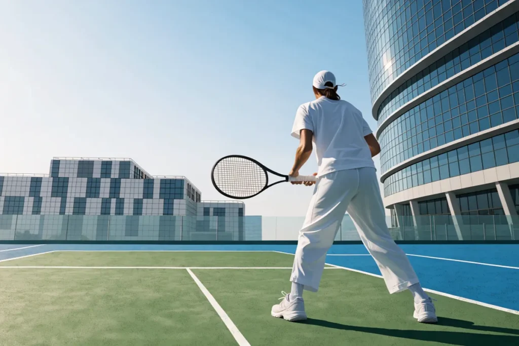 Tennisman attendant le retour sur un court extérieur lumineux évoquant Alexander Zverev à Shanghai