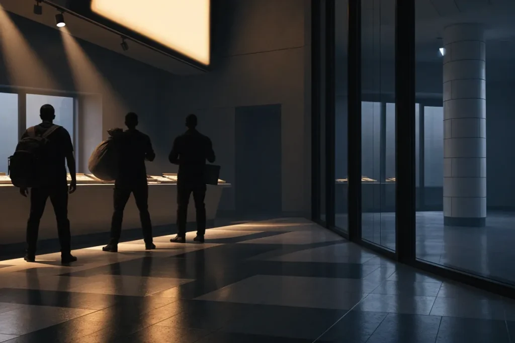 silhouettes dans une banque, ambiance nocturne et suspense rappelant le film The Take